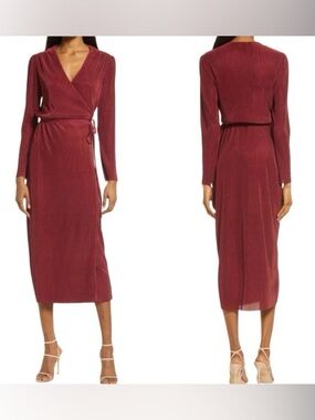 Charles Henry Ribbed Wrap Midi Dress in Burgundy